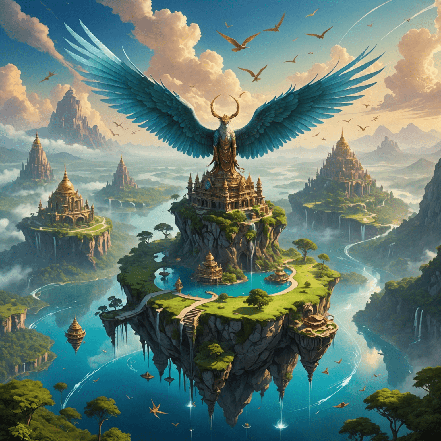 A magical landscape with floating islands, ethereal creatures, and shimmering pathways connecting various realms in the sky. Majestic winged beings soar through the air, embodying the spirit of Avia Fly Game India.