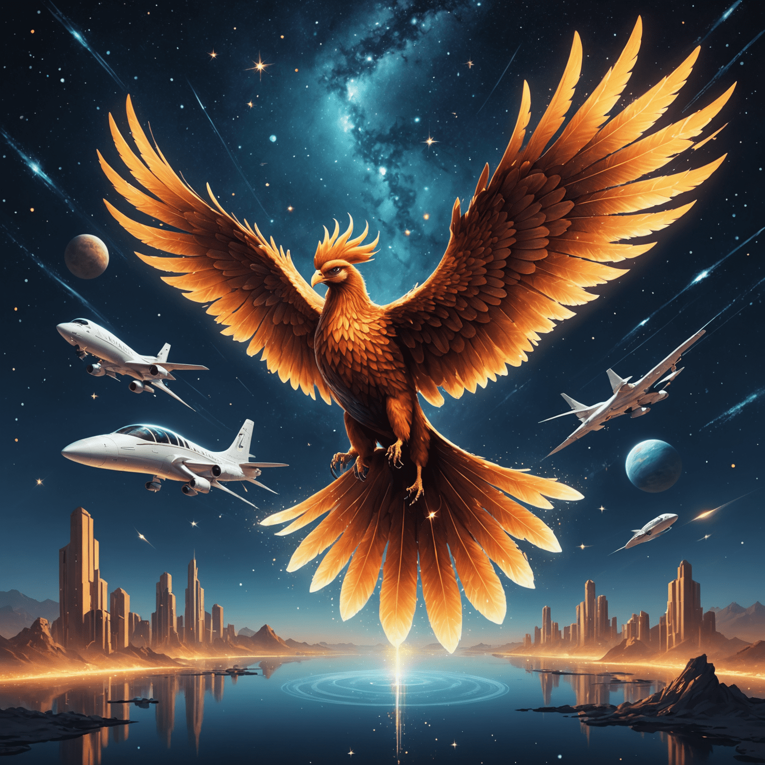 A majestic phoenix soaring through a starry sky, leaving a trail of shimmering stardust. The background shows floating islands with futuristic aircraft hangars.