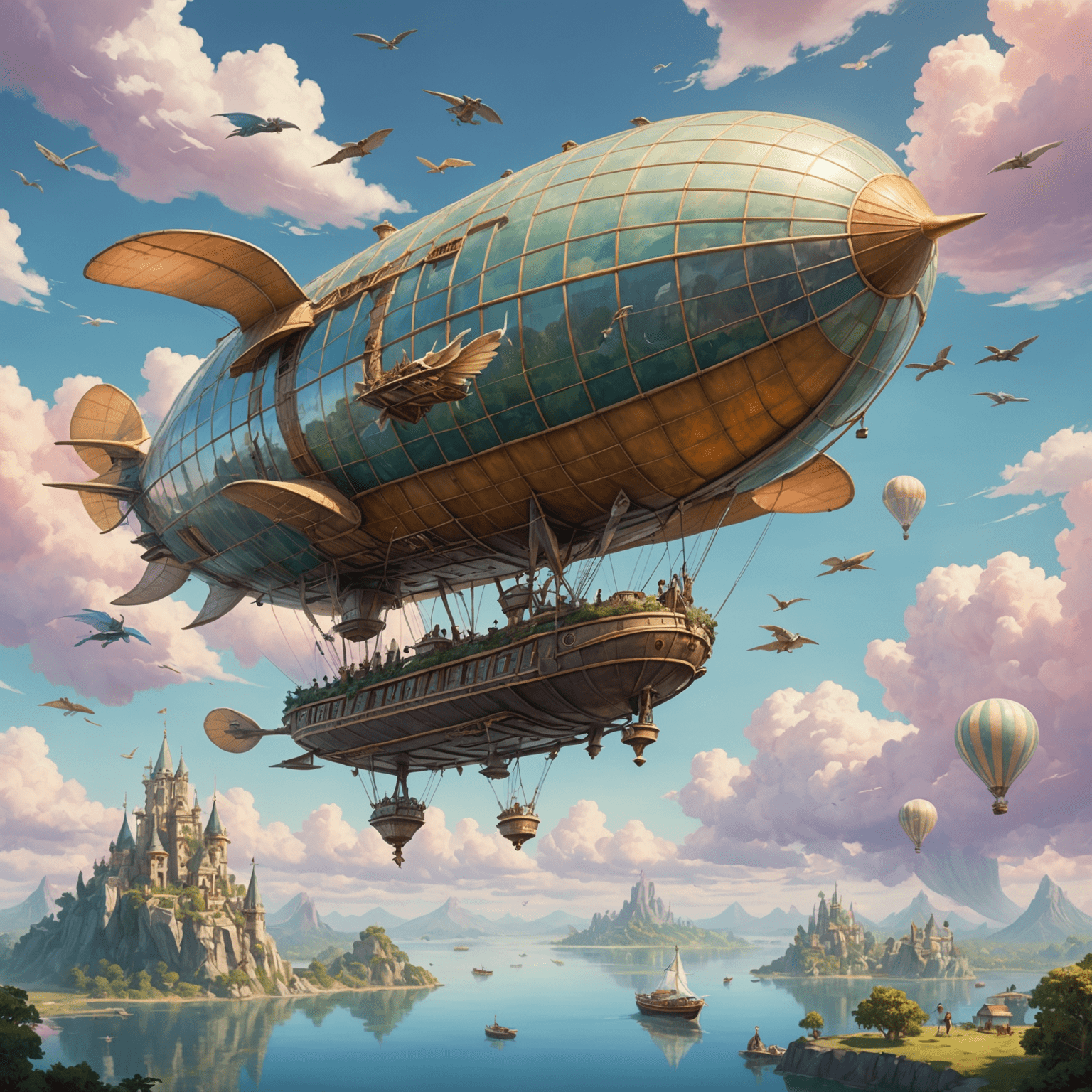 A majestic airship with gossamer wings floating through a pastel-colored sky filled with floating islands and mythical flying creatures