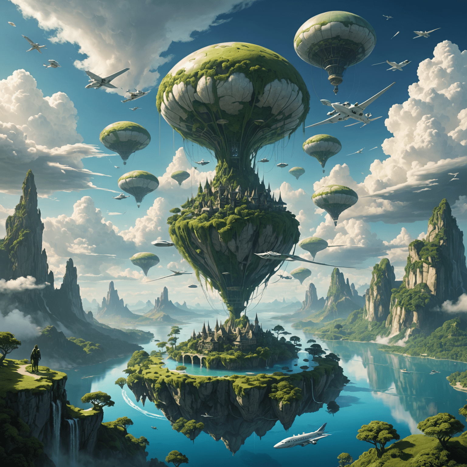 A breathtaking view of a fantasy landscape with floating islands, ethereal clouds, and mystical creatures flying alongside sleek aircraft