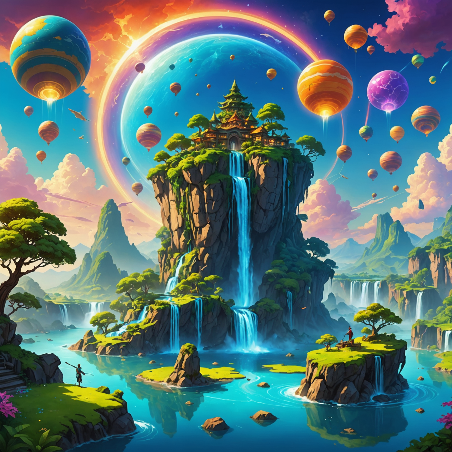 A mystical landscape with floating islands, cascading waterfalls, and flying creatures soaring through a vibrant, colorful sky. Players' avatars can be seen collecting glowing orbs representing virtual currency bonuses.