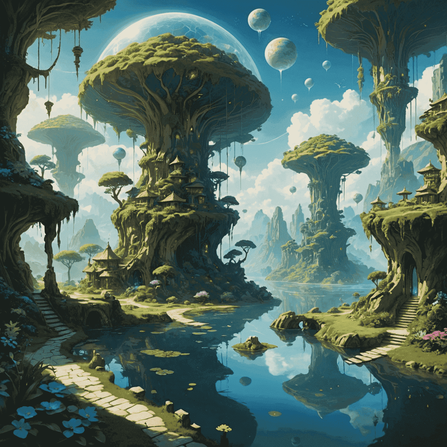 A magical landscape with floating islands, ethereal creatures, and shimmering pathways connecting various fantastical realms. Represents the diverse and otherworldly services offered by Avia Fly.