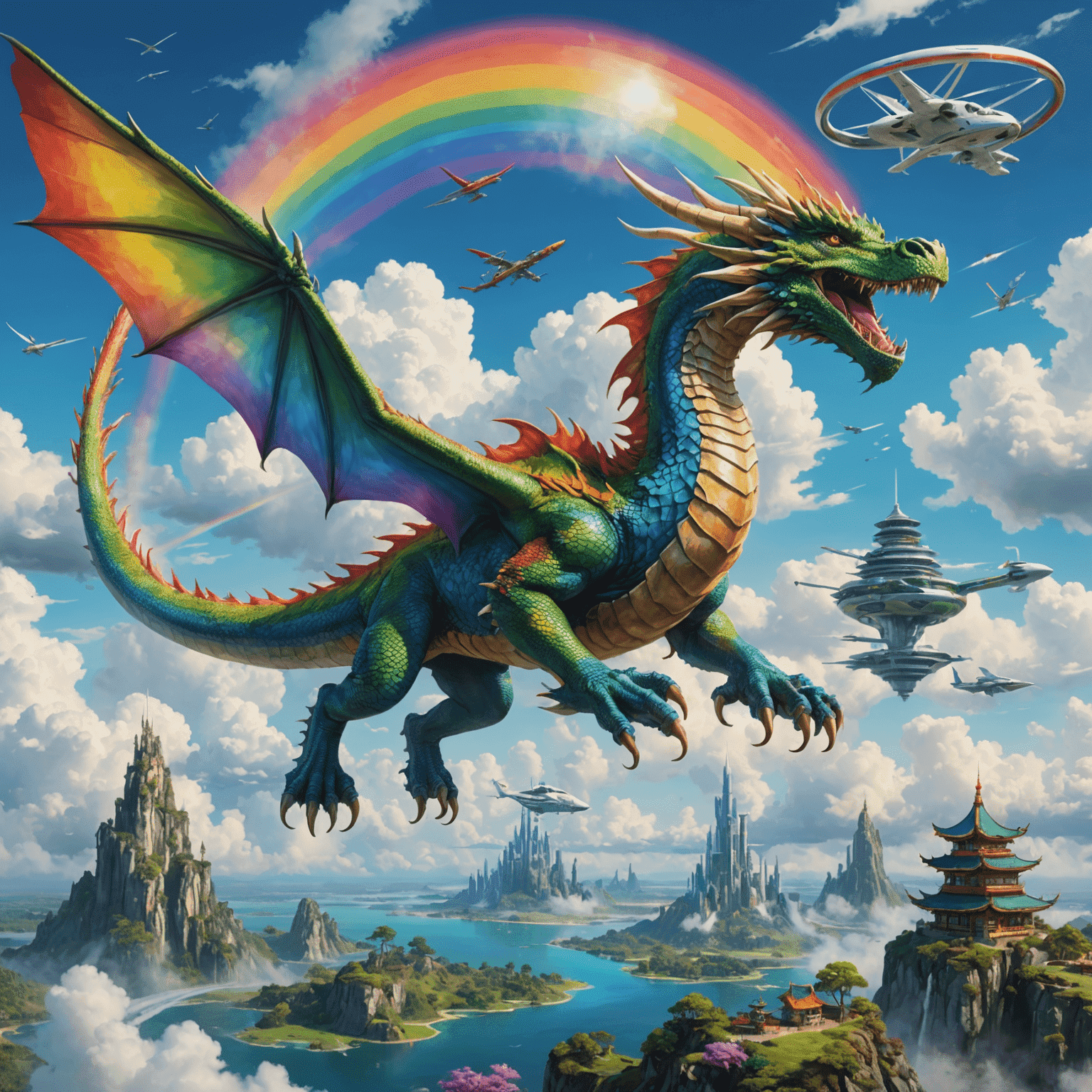 A majestic dragon soaring alongside a futuristic aircraft through a sky filled with floating islands and rainbow-hued clouds