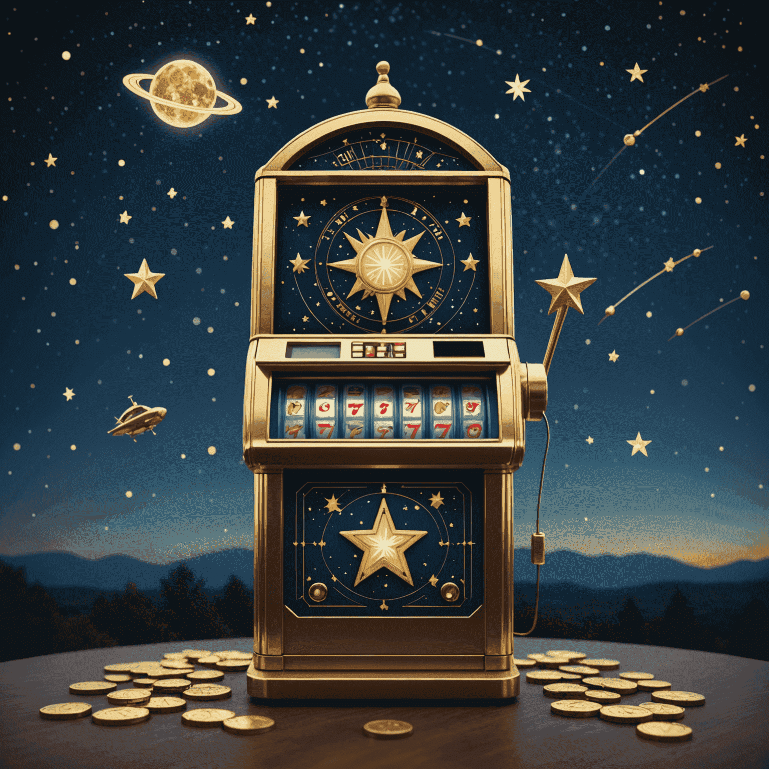 A magical slot machine with constellations and flying aircraft as symbols, set against a starry night sky