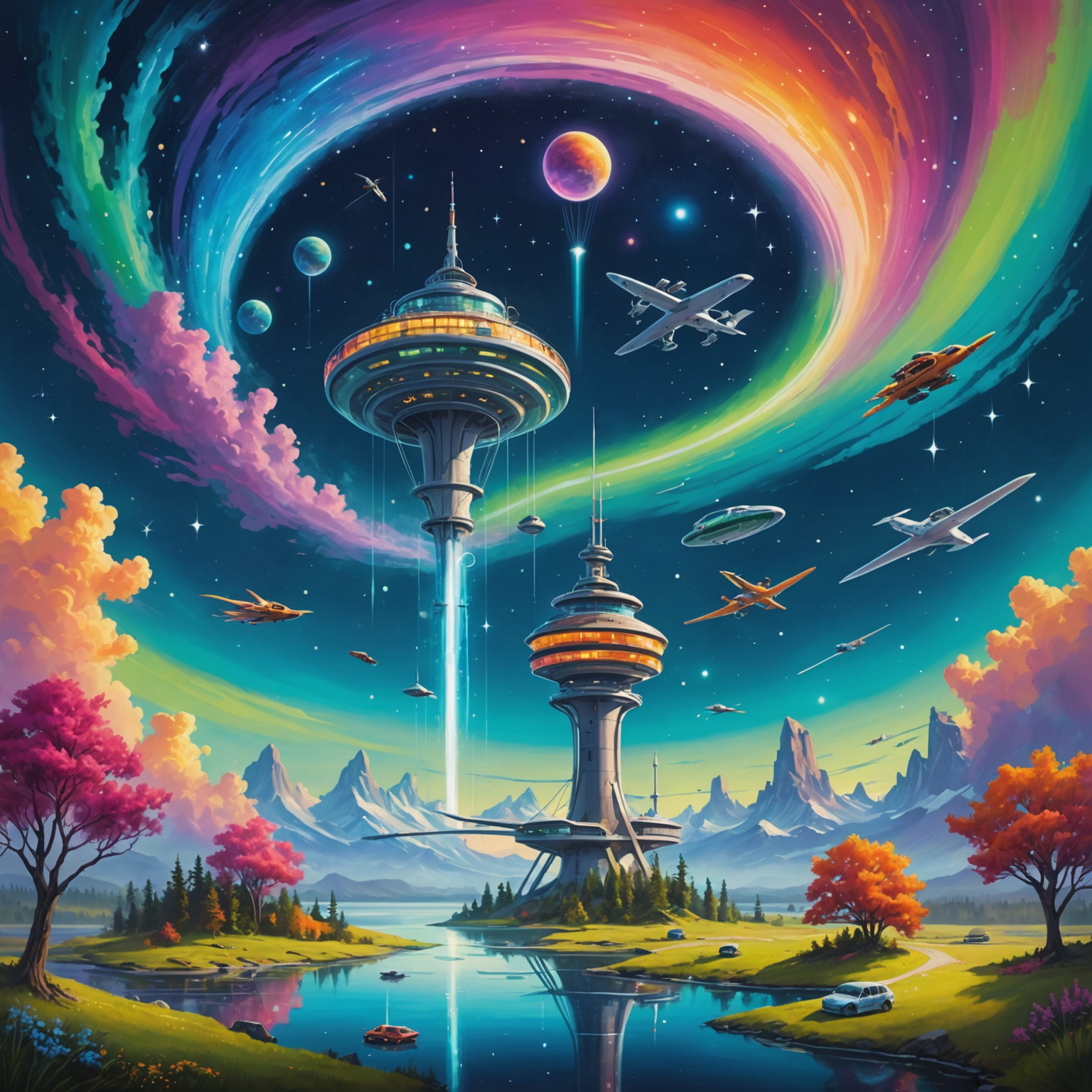 Ethereal landscape with floating islands, mystical air traffic control tower, and magical flying vehicles soaring through a vibrant, colorful sky filled with sparkling constellations and swirling aurora borealis