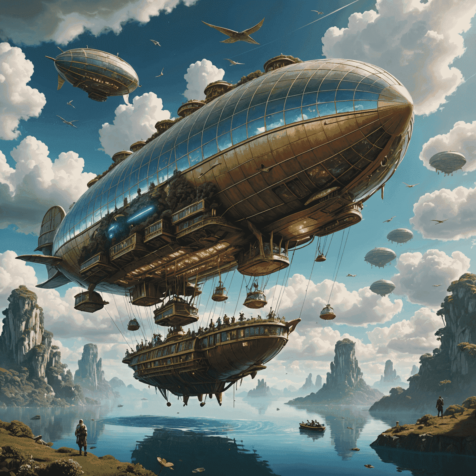 A fantastical scene of a futuristic airship soaring through a sky filled with floating islands, mystical creatures, and ethereal clouds. The airship has a sleek design with glowing runes etched on its sides.