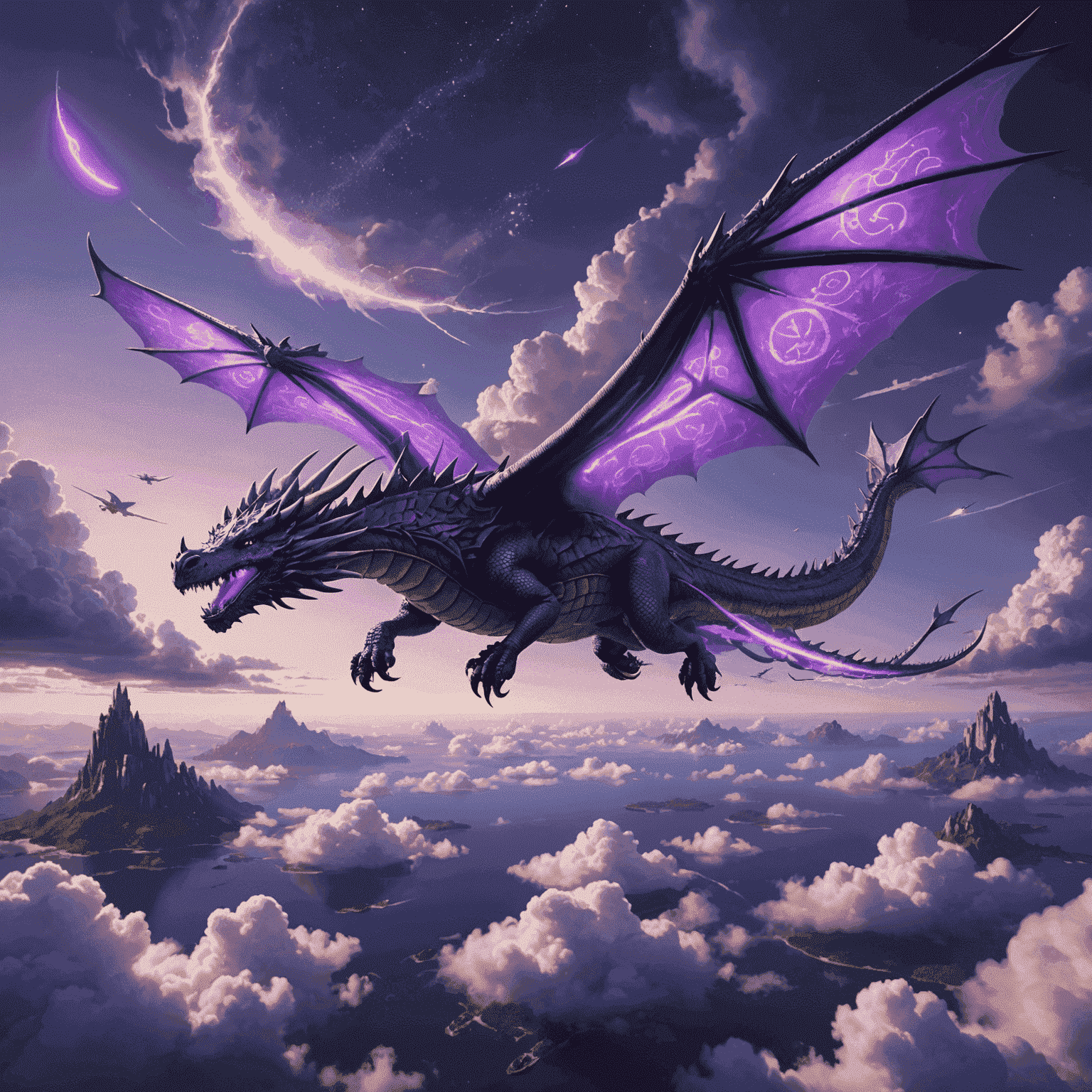 A majestic dragon-shaped aircraft soaring through a purple sky filled with floating islands and ethereal clouds. The aircraft is adorned with glowing runes and leaving a trail of magical sparks.