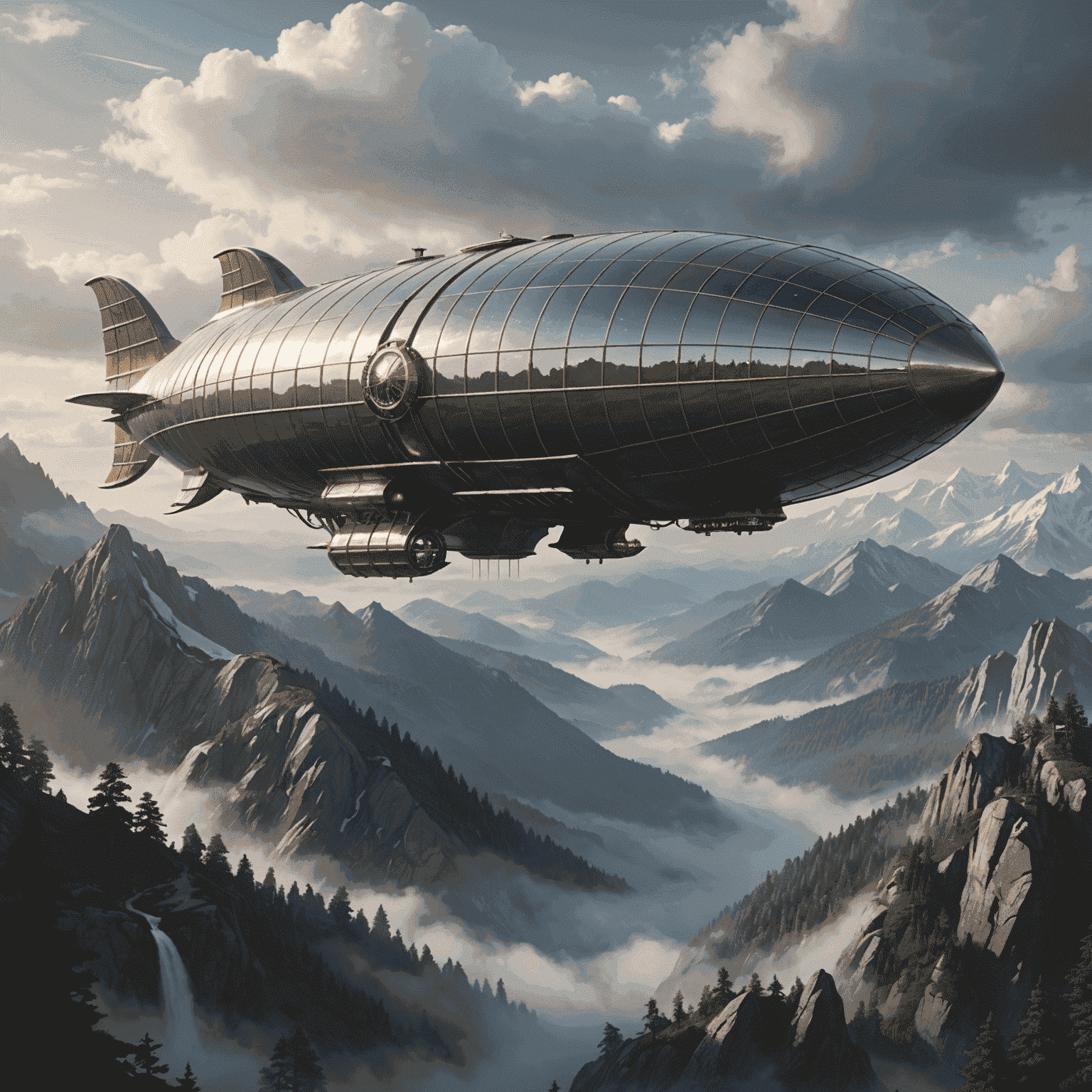 The Celestial Zephyr airship, a sleek vessel with shimmering scales and ethereal glowing propulsion systems, hovering above a misty mountain range