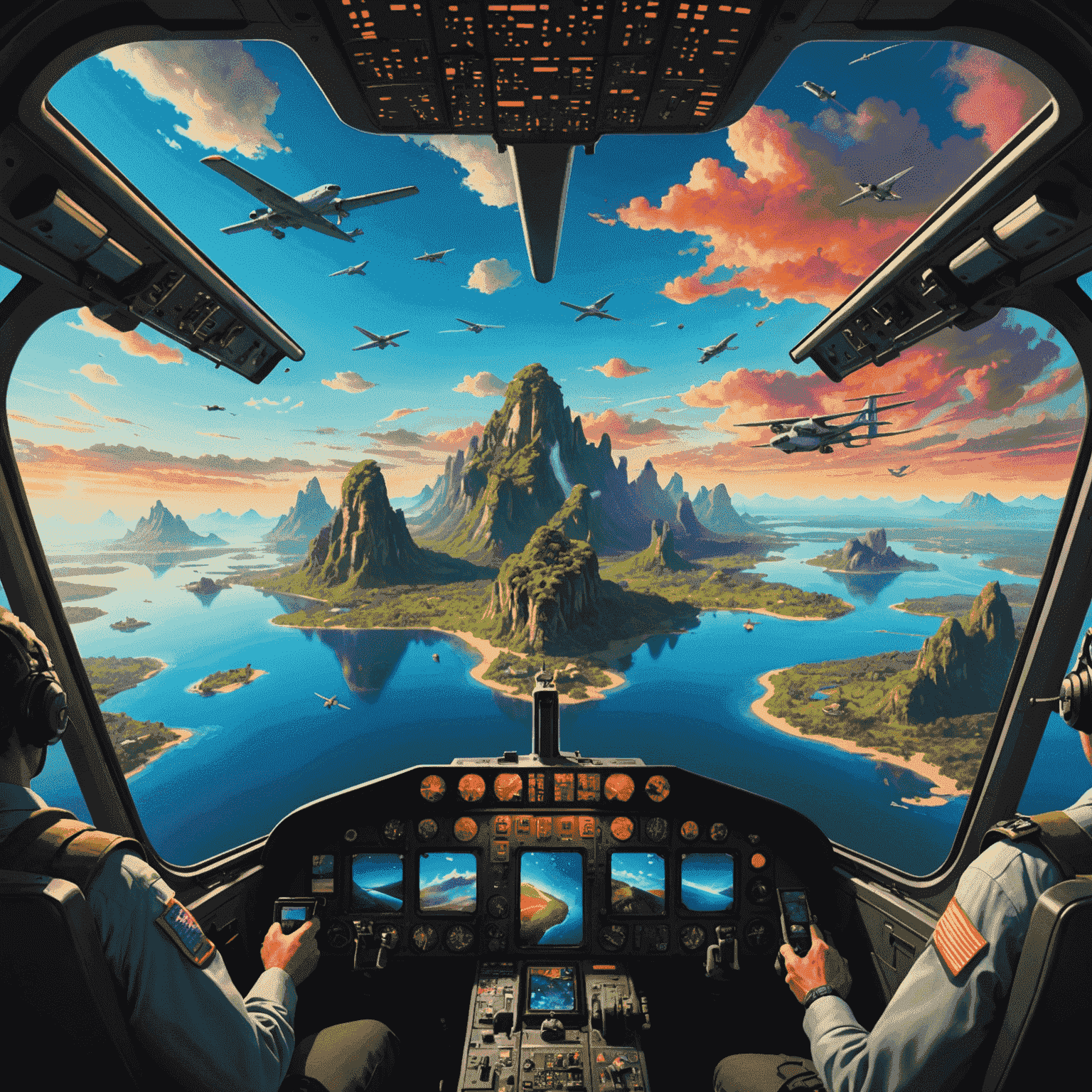 A pilot's view from the cockpit, showing a fantastical landscape with floating islands, mystical creatures, and a vibrant, colorful sky