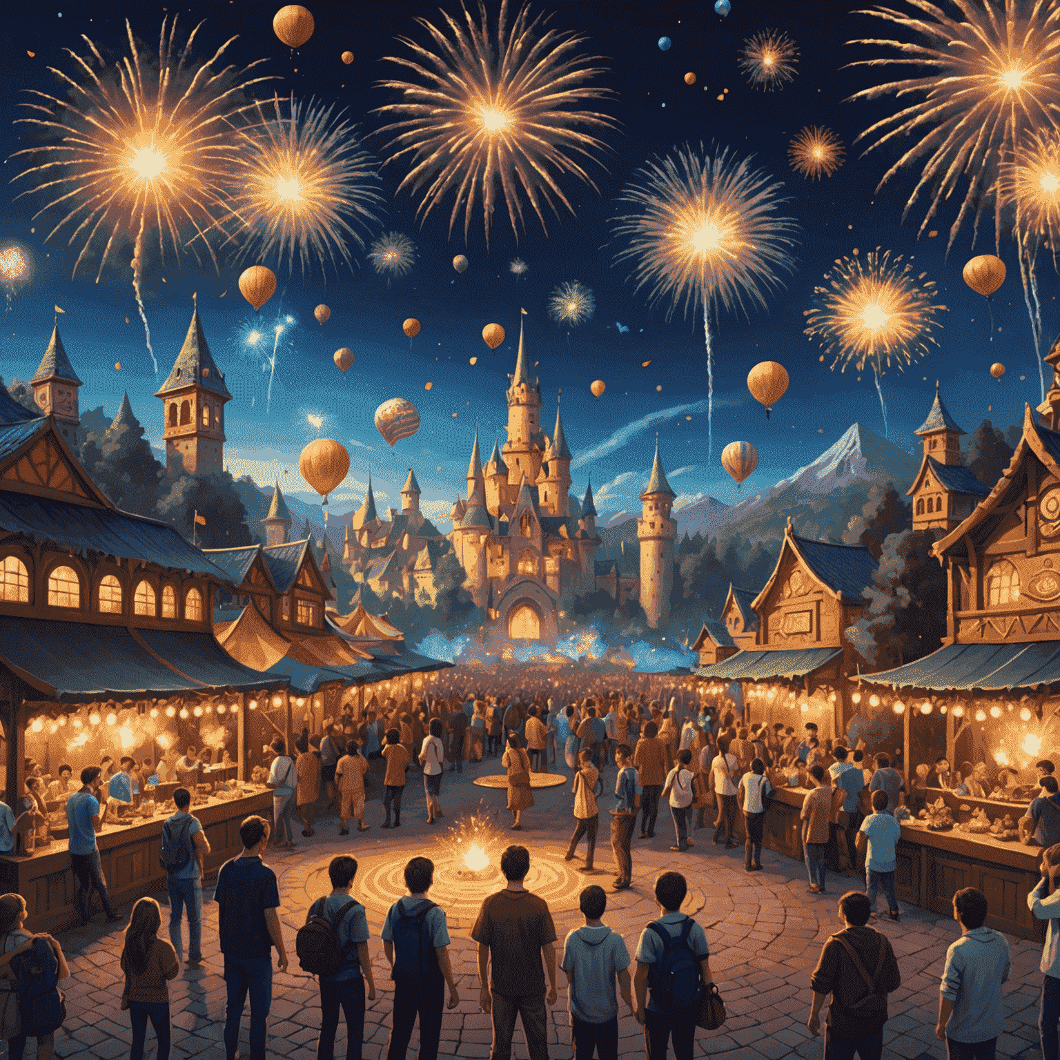 A grand magical festival scene with players participating in various fantastical games and activities. Fireworks of virtual currency symbols explode in the sky, while mythical creatures roam among the festivities.