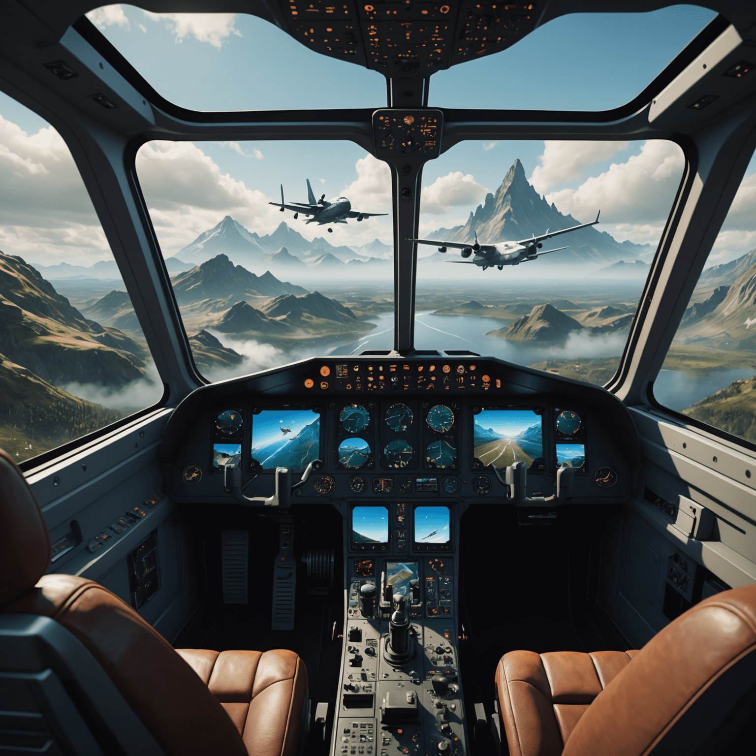 A fantastical flight simulator cockpit with ethereal landscapes visible through the windshield, mystical creatures flying alongside the aircraft