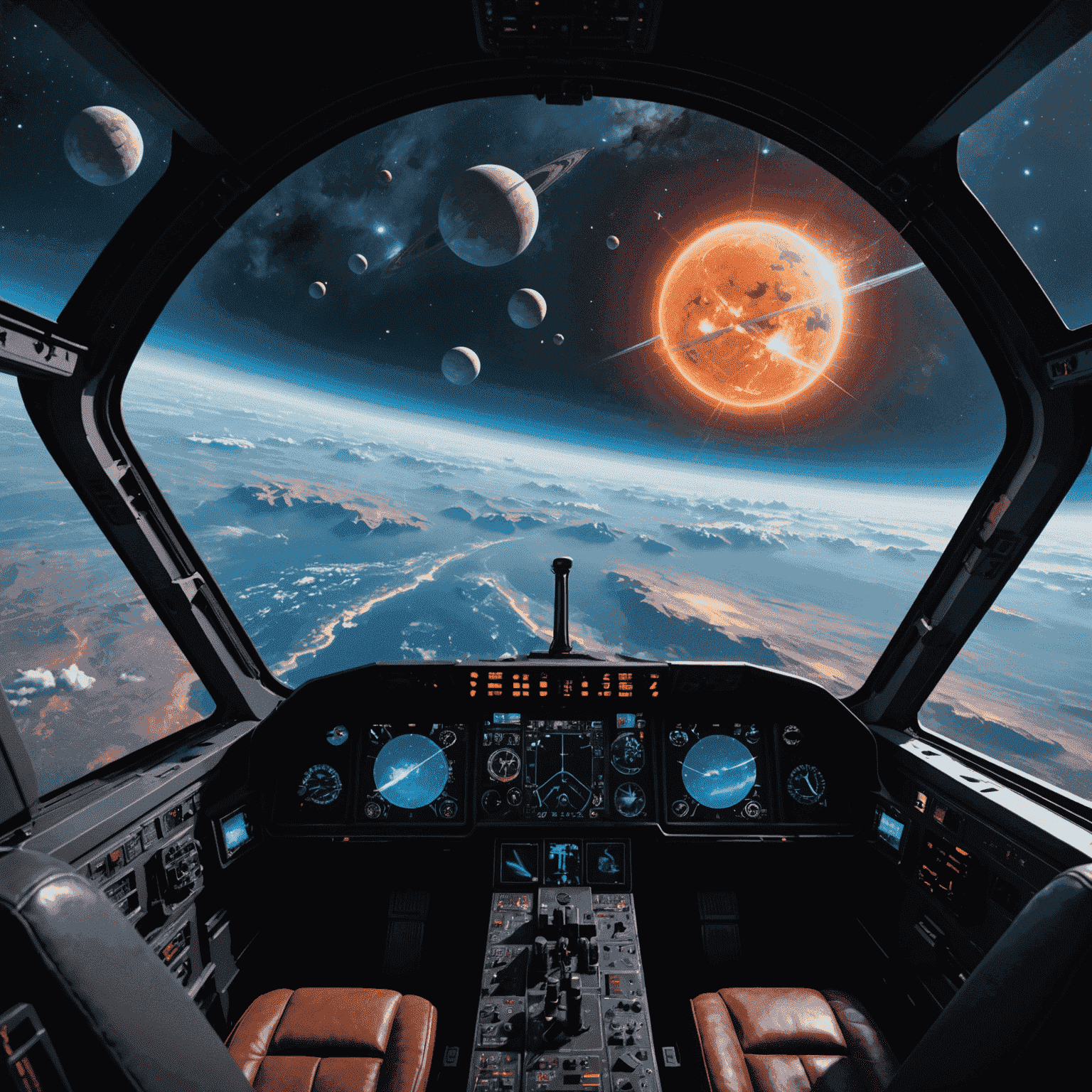 A pilot's cockpit view showing holographic controls and a windshield revealing a breathtaking vista of a twin-mooned planet with swirling nebulas