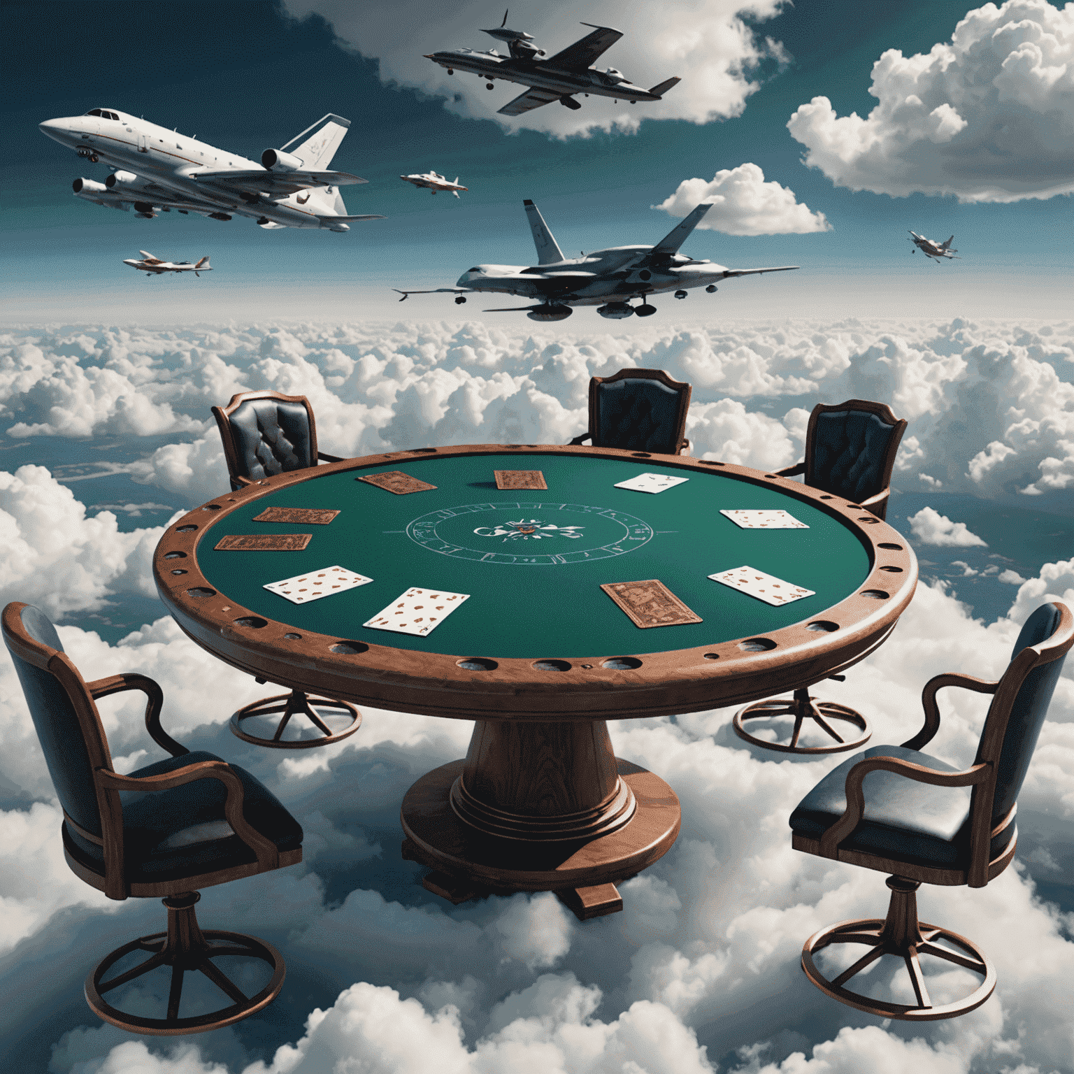 A poker table floating among clouds, with cards featuring aircraft and mythical flying creatures