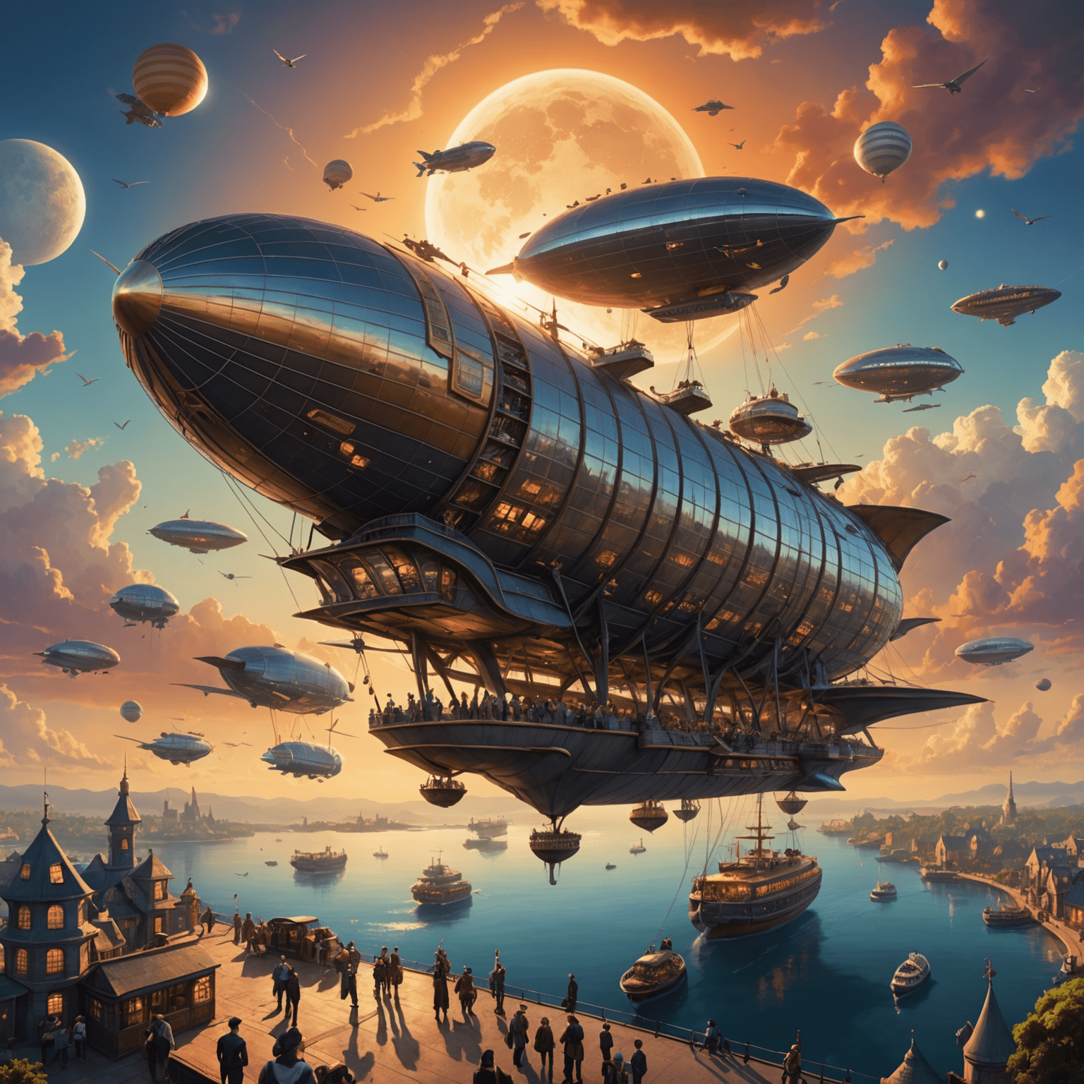 A panoramic view of a bustling sky port with various fantastical airships docking and departing. Magical creatures serve as ground crew, while passengers of different mythical races board the vessels. The background shows a breathtaking sunset with multiple moons visible.