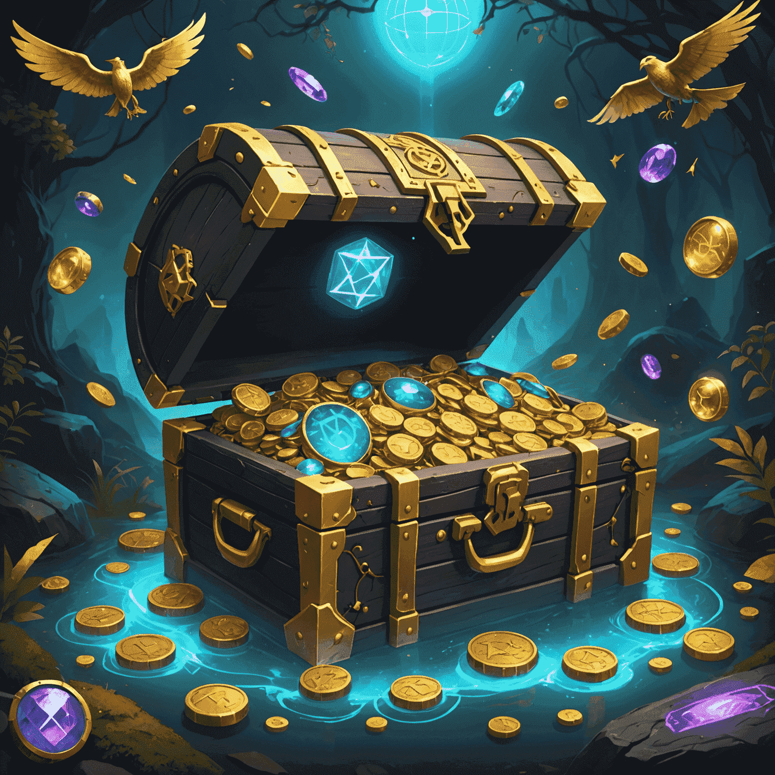 A mystical treasure chest overflowing with glowing virtual coins and gems, surrounded by floating aviation symbols and magical runes.