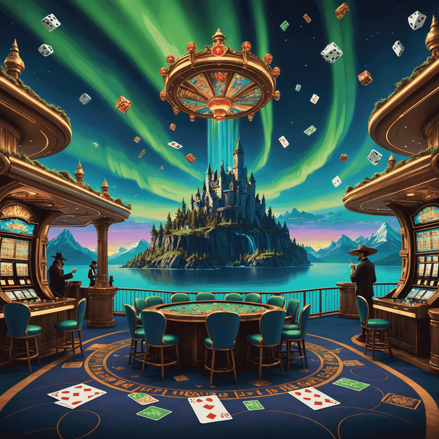 A vibrant, fantasy-themed casino with flying cards and dice, set against a backdrop of floating islands and aurora borealis