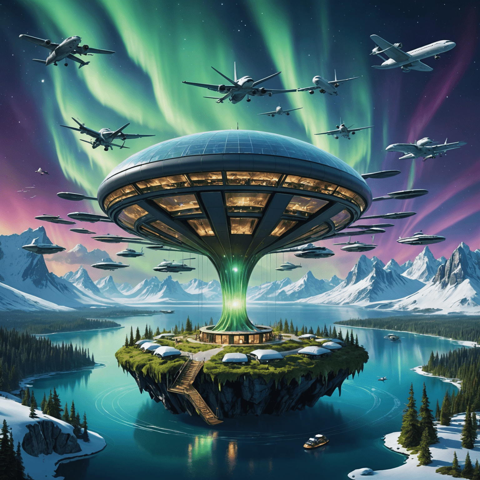 A panoramic view of a fantastical flight academy nestled on a floating island, with various magical aircraft taking off and landing amidst swirling aurora borealis