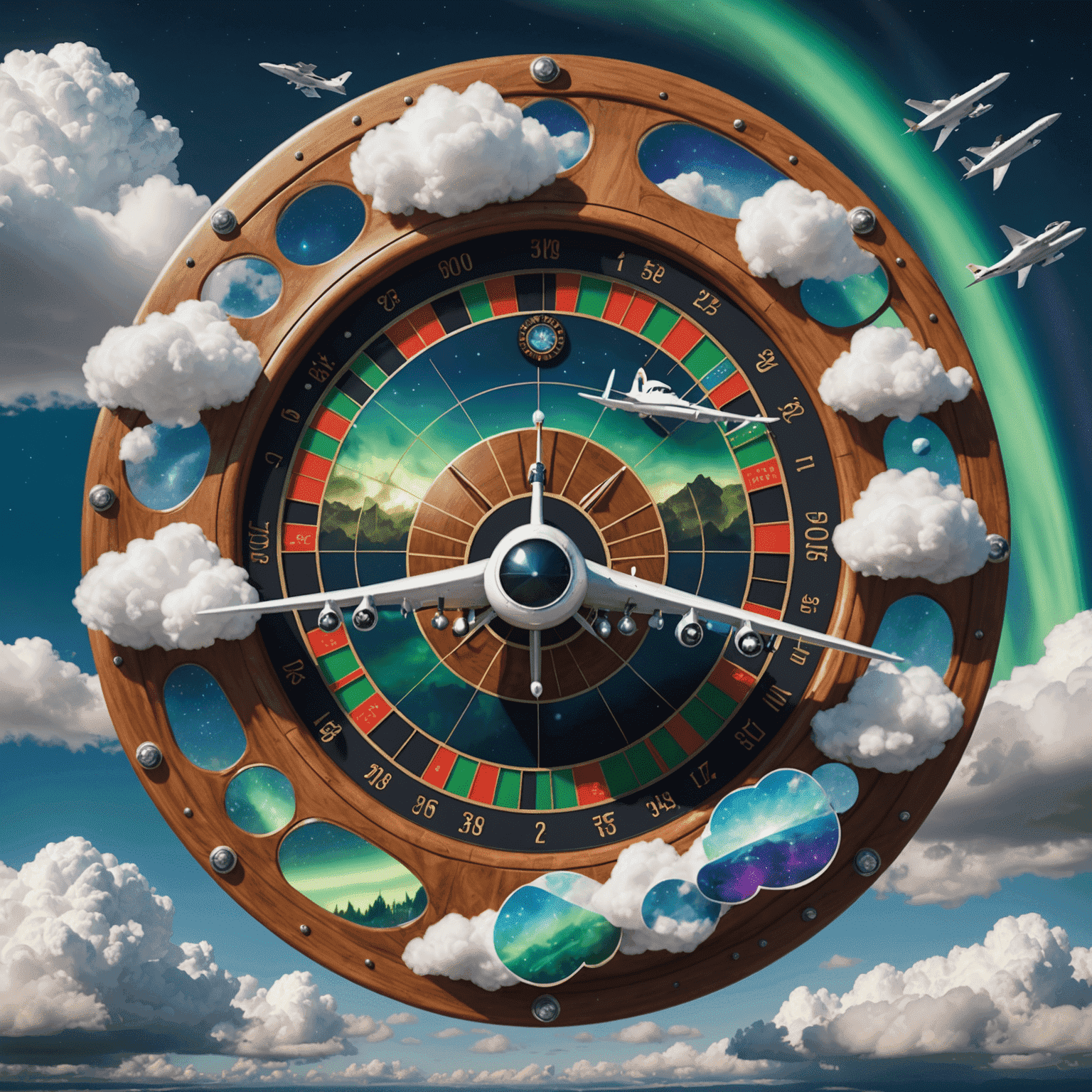 A floating roulette wheel with aircraft-shaped pockets, surrounded by swirling clouds and aurora borealis