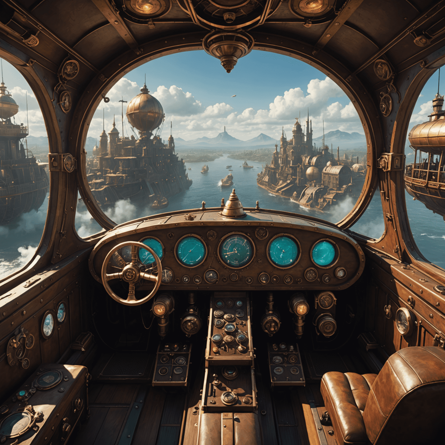 A player's cockpit view from inside a steampunk-inspired airship, showing intricate brass controls, magical crystals powering the vessel, and a heads-up display showing enemy positions and spell cooldowns. Through the windshield, a breathtaking view of the fantasy world below can be seen.