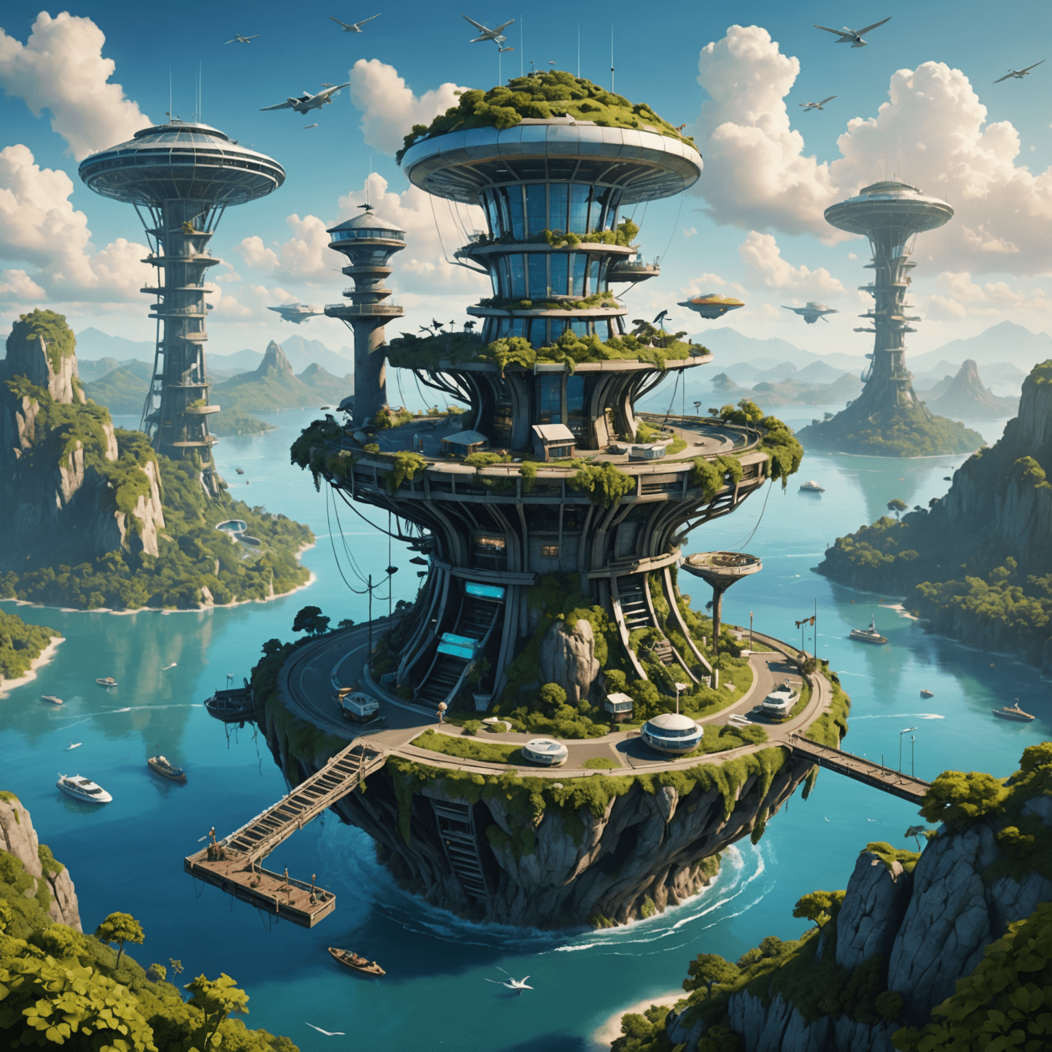 A fantastical air traffic control tower surrounded by floating islands, with magical trails left by various flying creatures and vessels