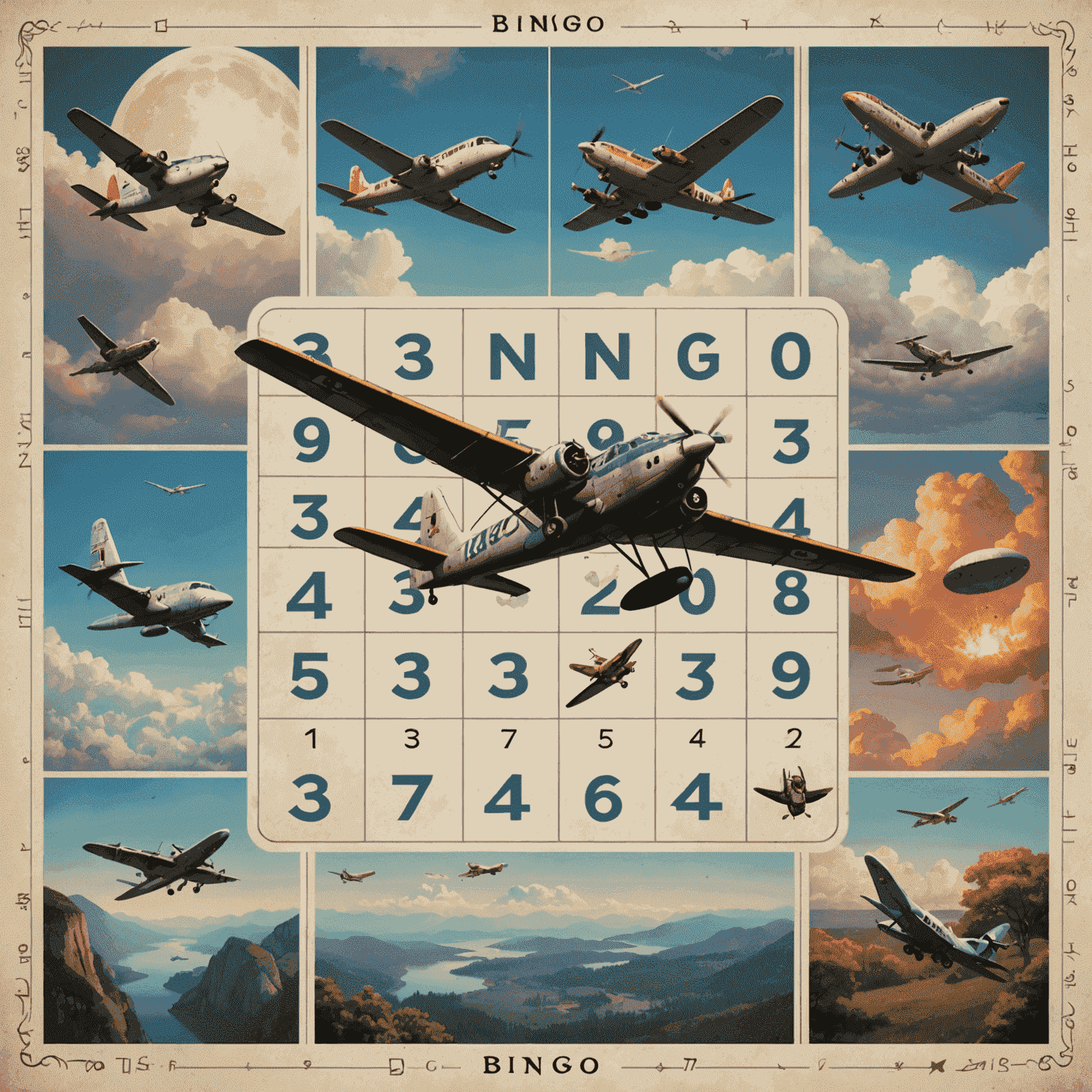 A bingo card with aircraft and mythical creatures instead of numbers, floating in a dreamlike sky