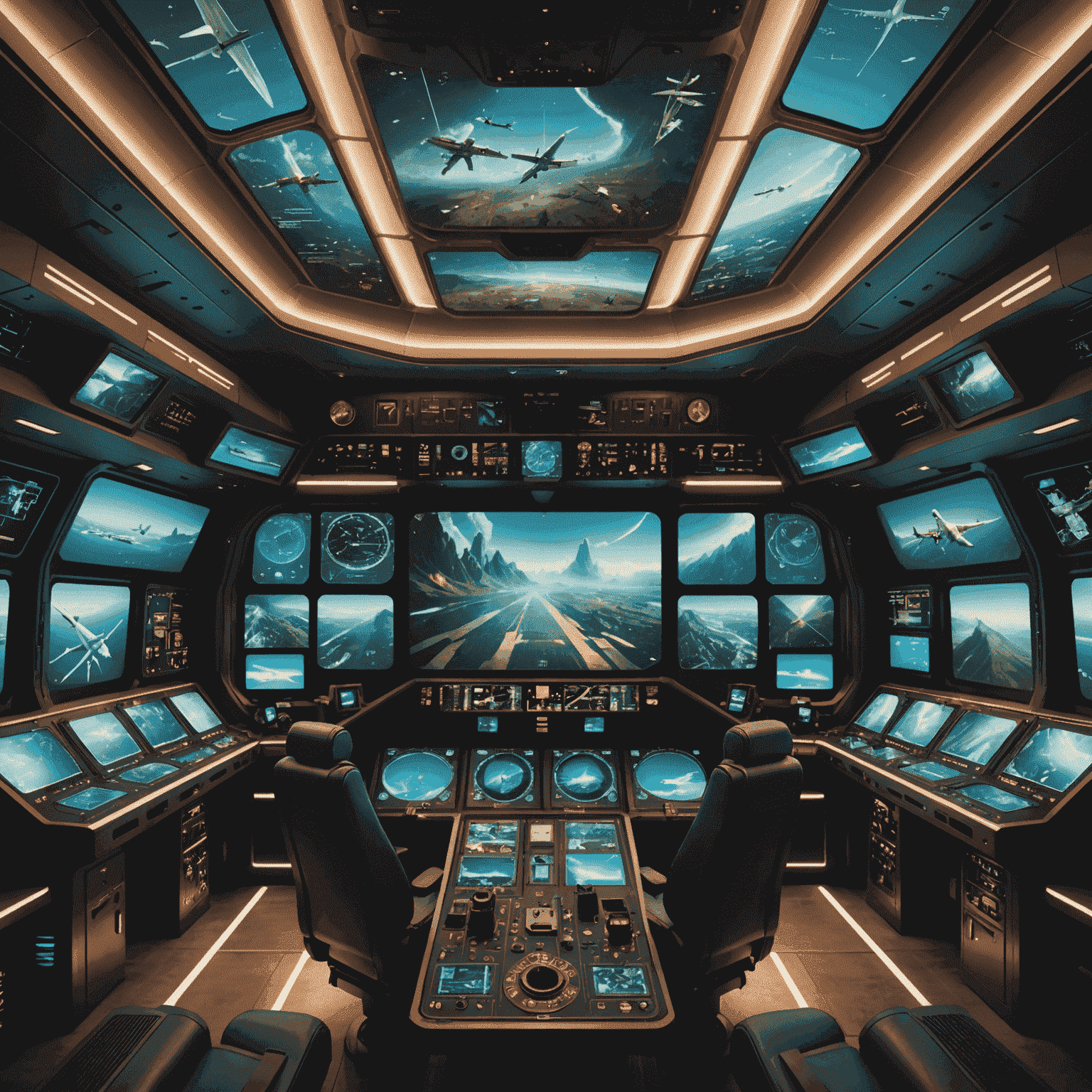 A magical control room with holographic displays showing fantastical aircraft and otherworldly destinations