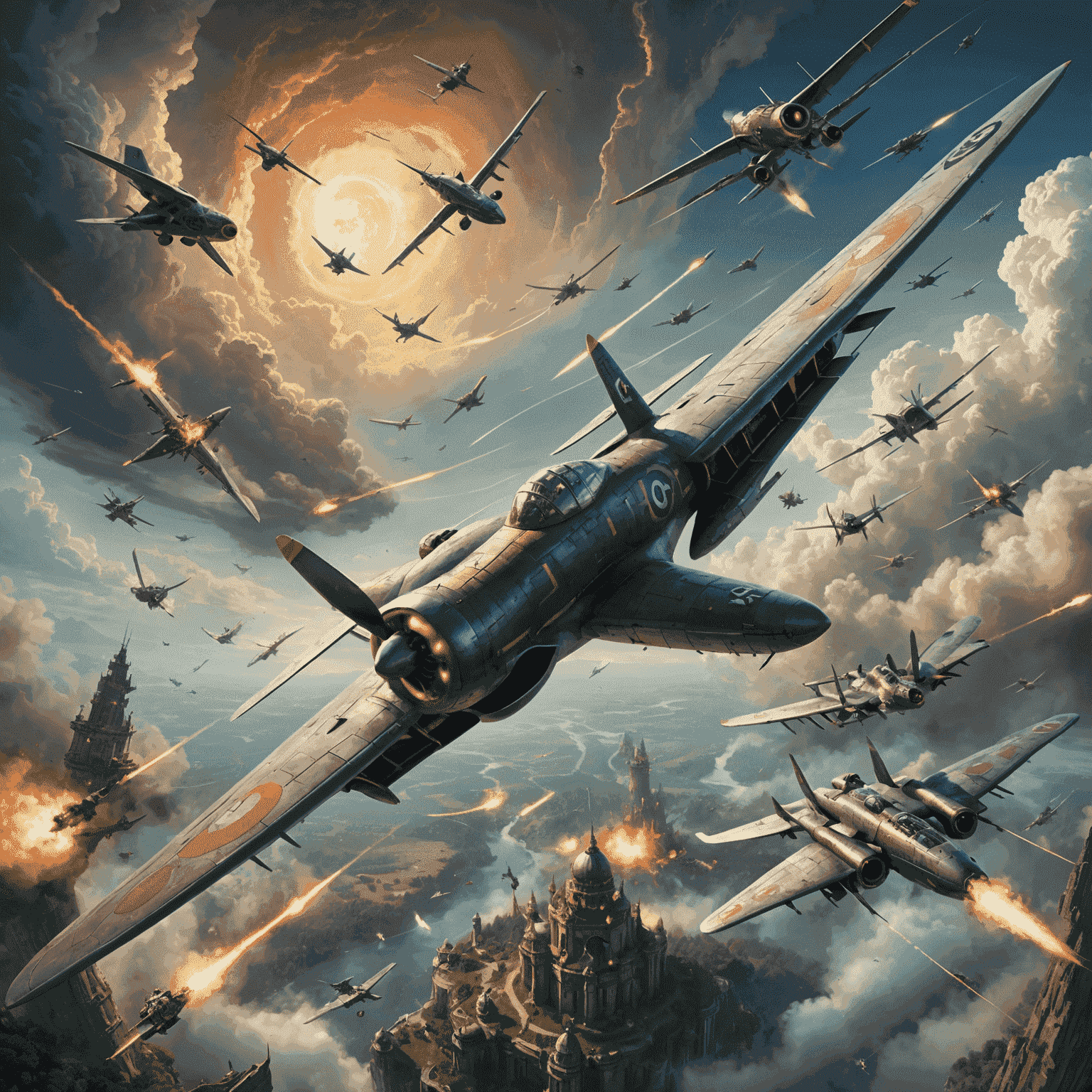 An epic sky battle scene with fantastical aircraft and creatures engaged in combat amidst swirling magical energy